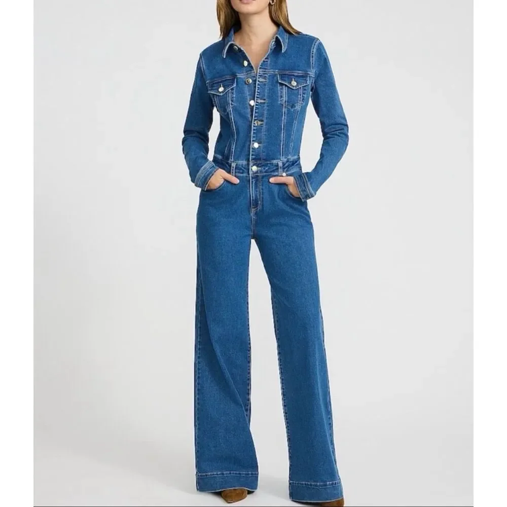Express Stretch Denim Long Sleeve Button Front Wide Leg Jumpsuit Blue L NEW - Picture 1 of 16